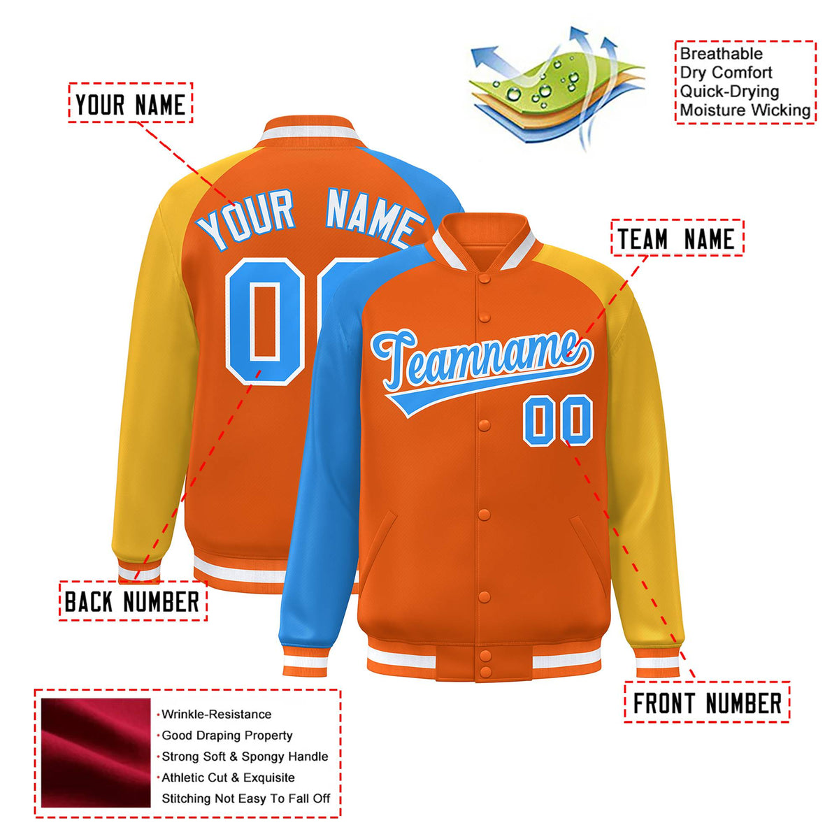 Custom Orange Gold-Powder Blue Raglan Sleeves Varsity Full-Snap Letterman Jacket
