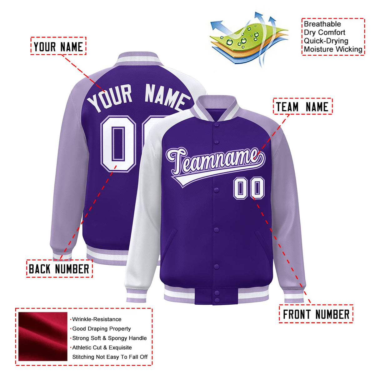 Custom Purple Light Purple-White Raglan Sleeves Varsity Full-Snap Letterman Jacket
