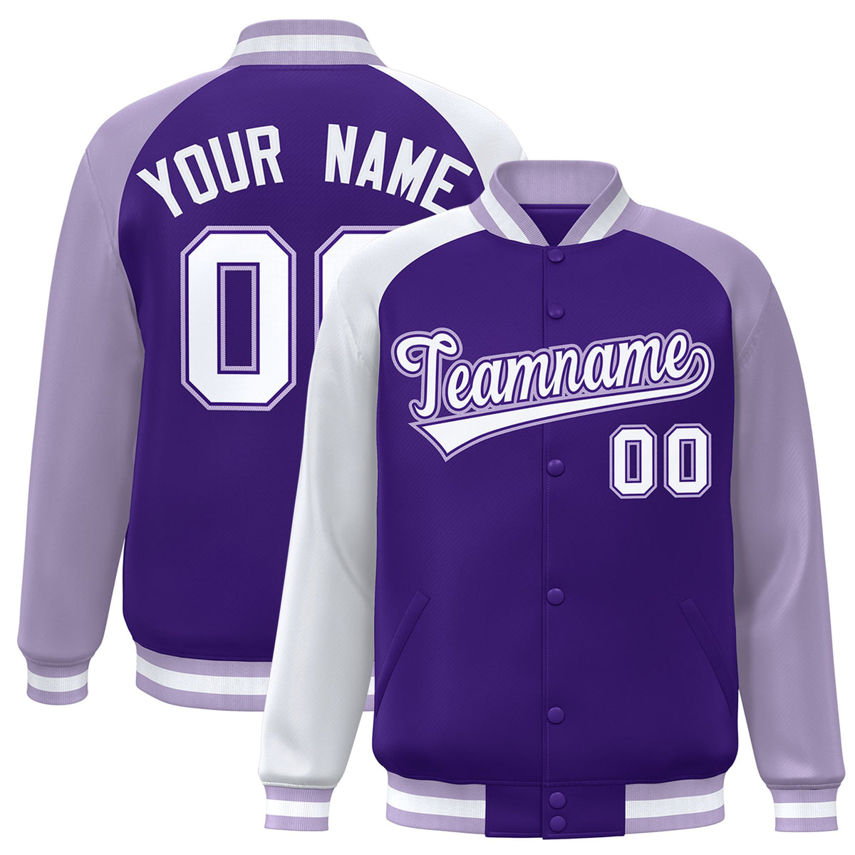 Custom Purple Light Purple-White Raglan Sleeves Varsity Full-Snap Letterman Jacket