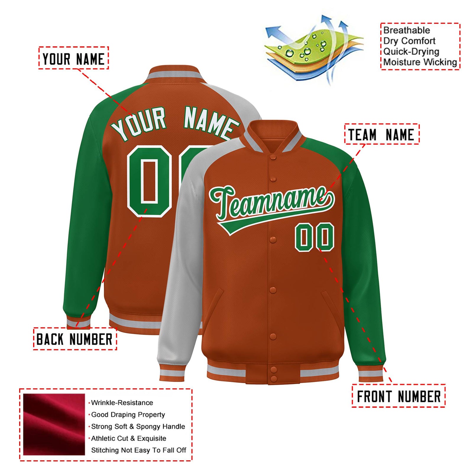 Custom Munsell Kelly Green-Gray Raglan Sleeves Varsity Full-Snap Letterman Jacket