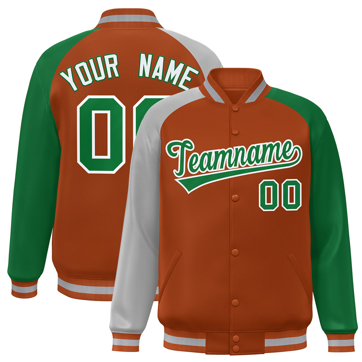 Custom Munsell Kelly Green-Gray Raglan Sleeves Varsity Full-Snap Letterman Jacket