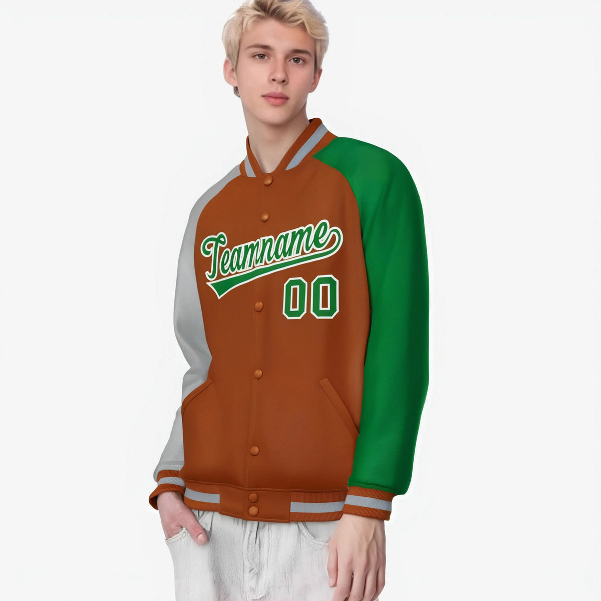 Custom Munsell Kelly Green-Gray Raglan Sleeves Varsity Full-Snap Letterman Jacket