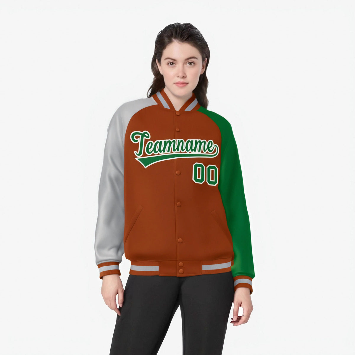 Custom Munsell Kelly Green-Gray Raglan Sleeves Varsity Full-Snap Letterman Jacket