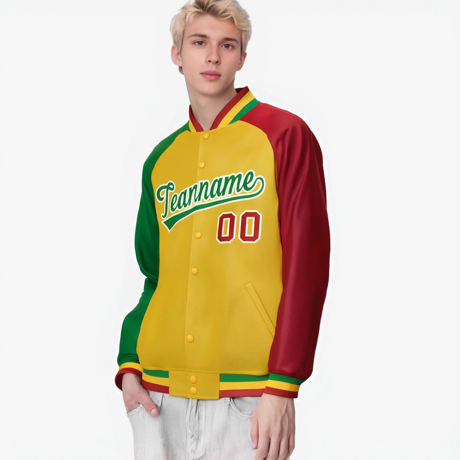 Custom Gold Red-Kelly Green Raglan Sleeves Varsity Full-Snap Letterman Jacket