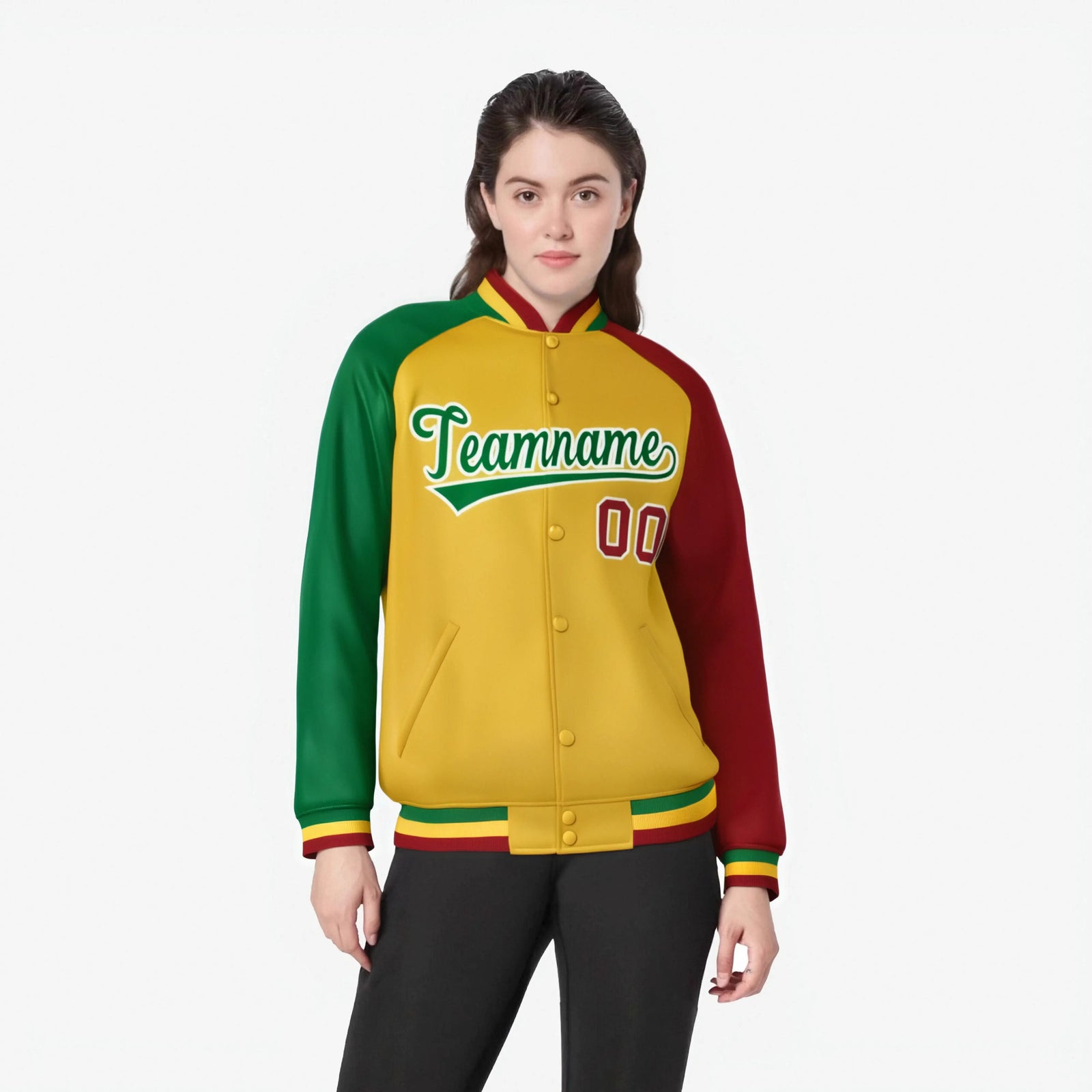 Custom Gold Red-Kelly Green Raglan Sleeves Varsity Full-Snap Letterman Jacket