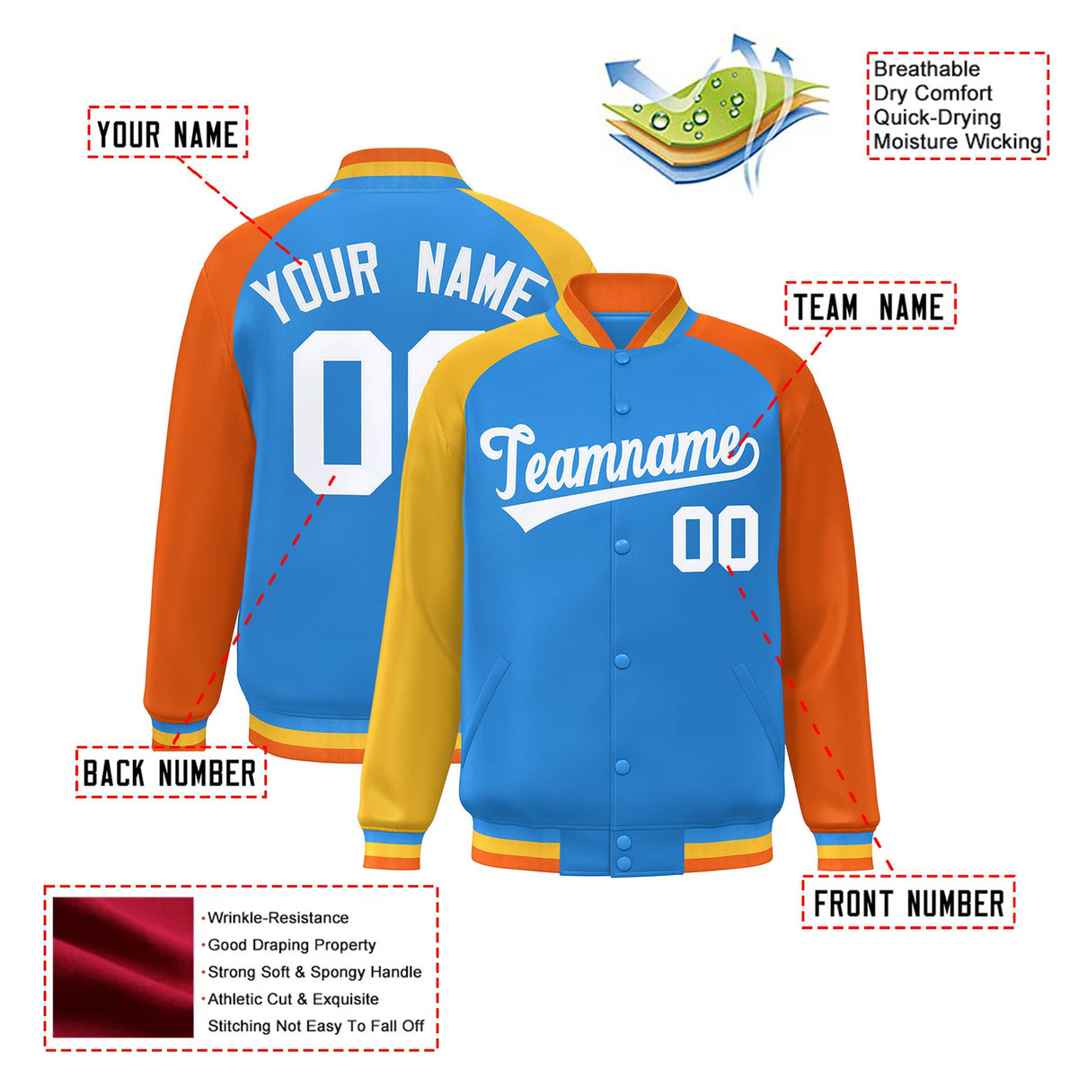 Custom Powder Blue Orange-Gold Raglan Sleeves Varsity Full-Snap Letterman Jacket