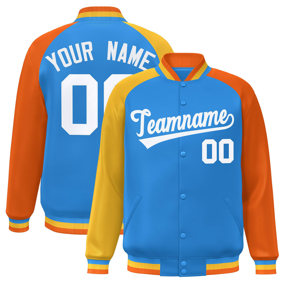 Custom Powder Blue Orange-Gold Raglan Sleeves Varsity Full-Snap Letterman Jacket