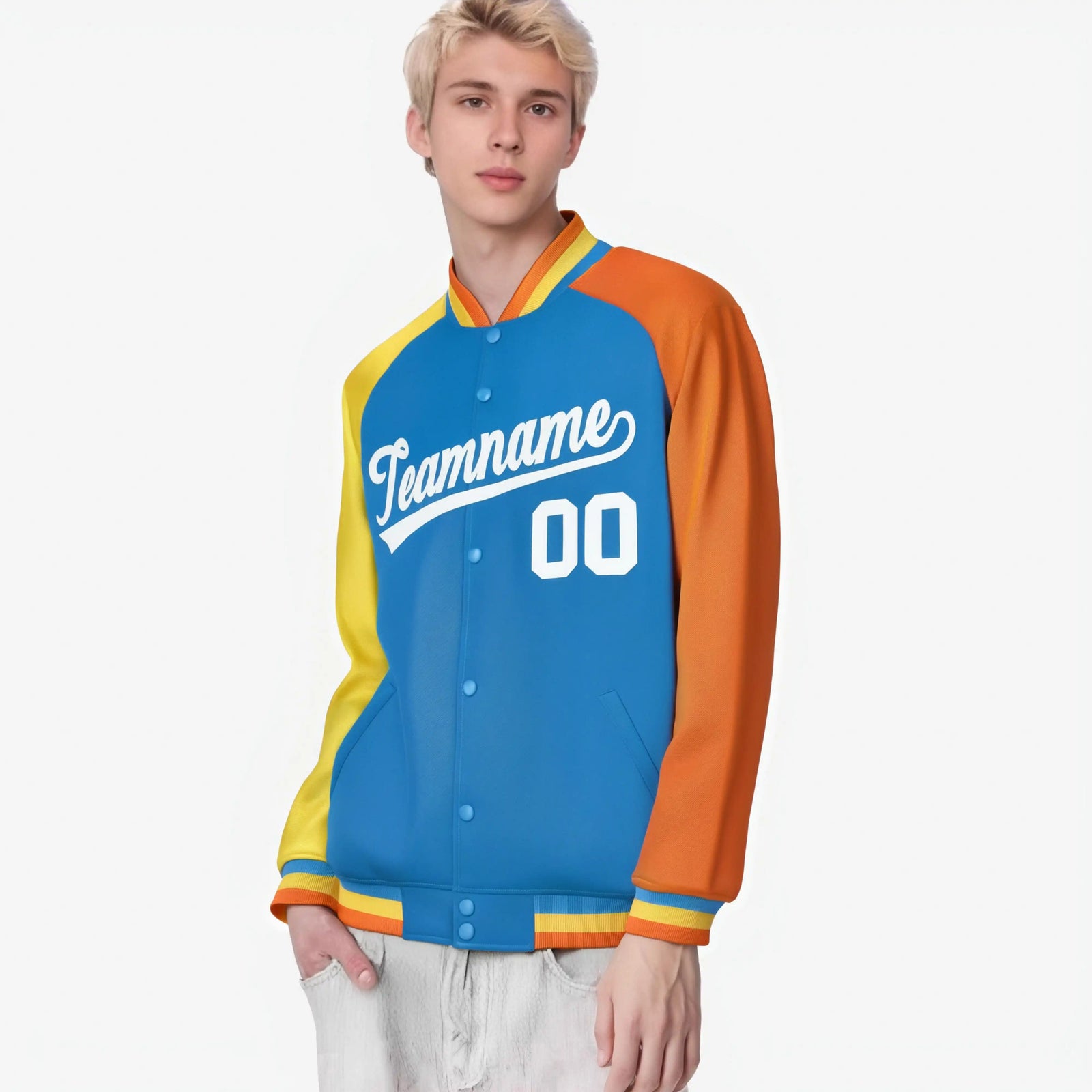 Custom Powder Blue Orange-Gold Raglan Sleeves Varsity Full-Snap Letterman Jacket