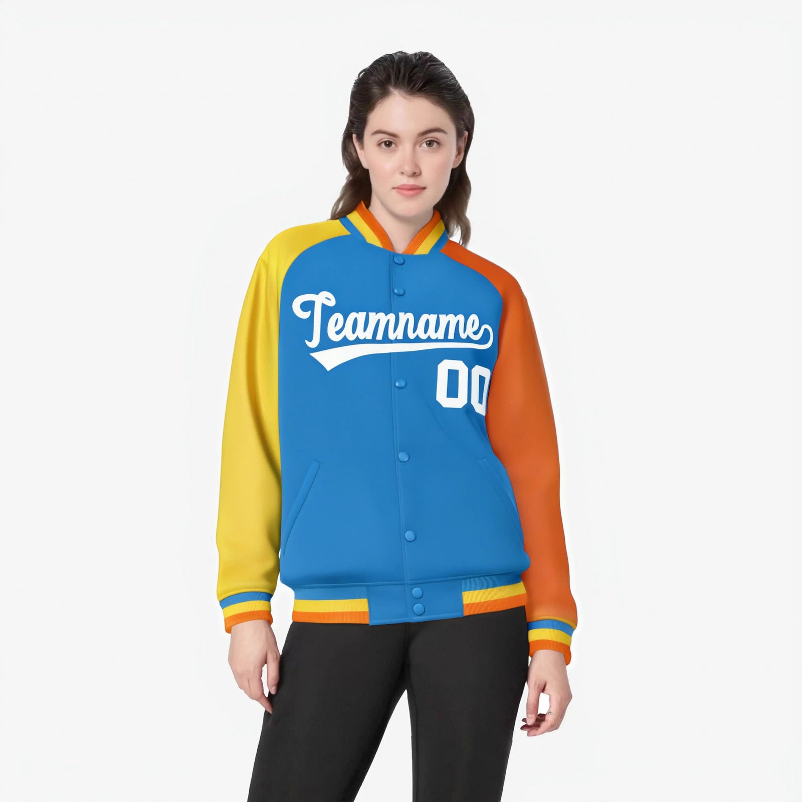 Custom Powder Blue Orange-Gold Raglan Sleeves Varsity Full-Snap Letterman Jacket