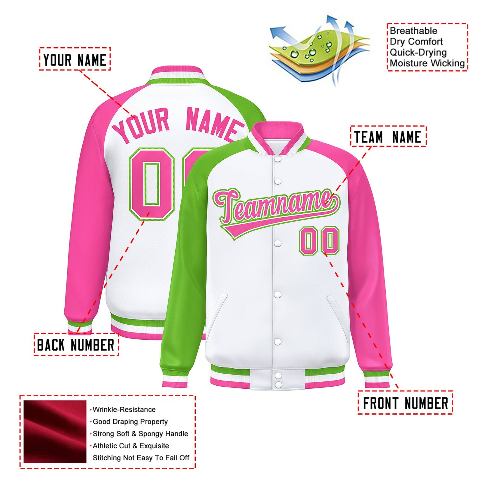 Custom White Pink-Neon Green Raglan Sleeves Varsity Full-Snap Letterman Jacket