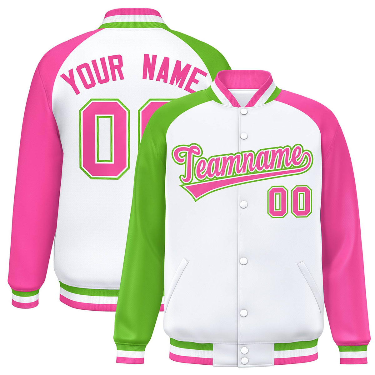 Custom White Pink-Neon Green Raglan Sleeves Varsity Full-Snap Letterman Jacket
