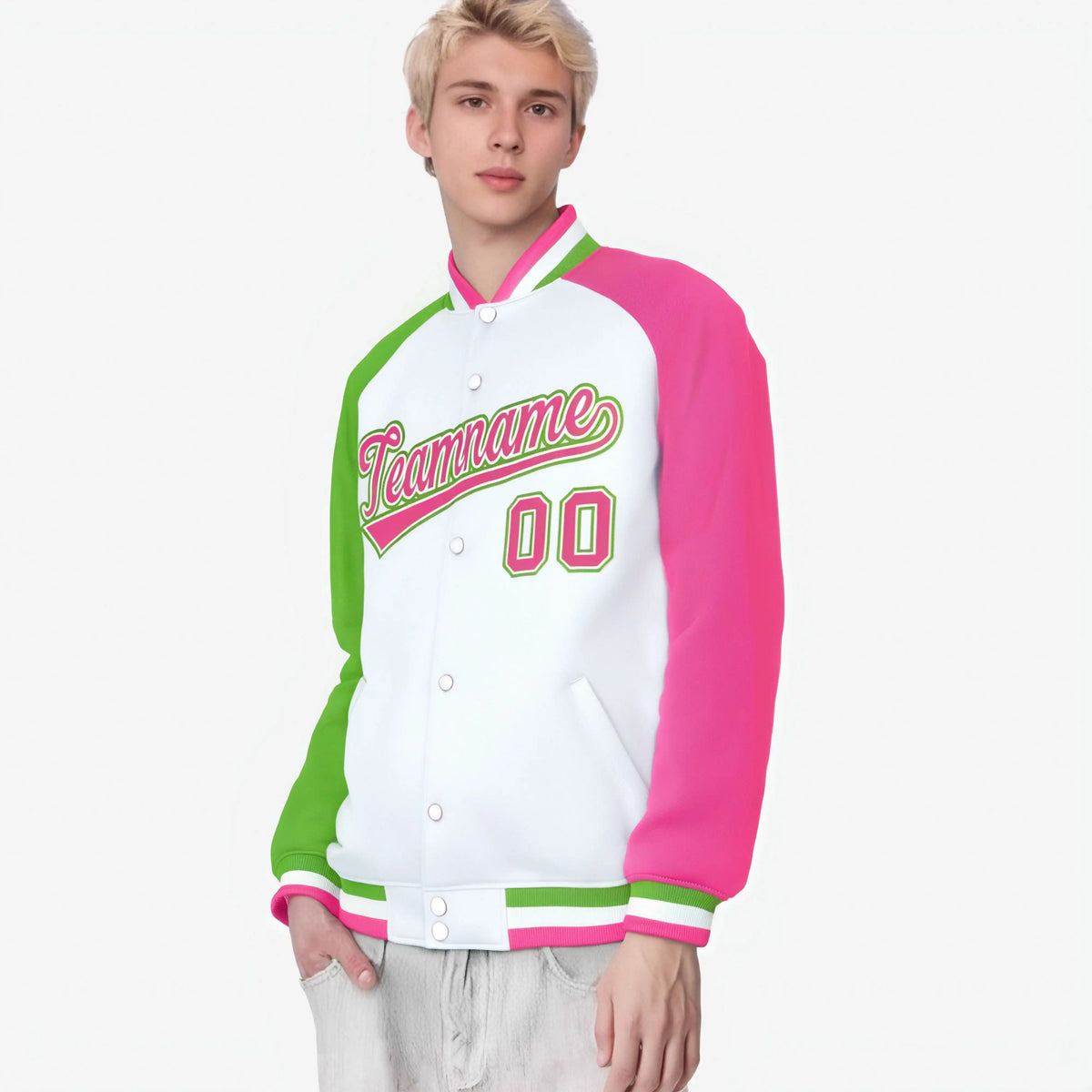 Custom White Pink-Neon Green Raglan Sleeves Varsity Full-Snap Letterman Jacket