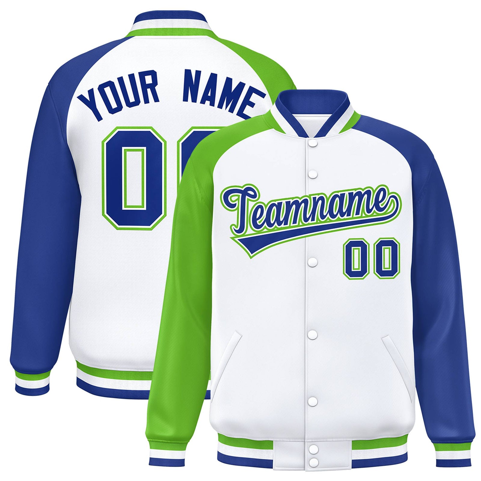 Custom White Royal Blue-Neon Green Raglan Sleeves Varsity Full-Snap Letterman Jacket