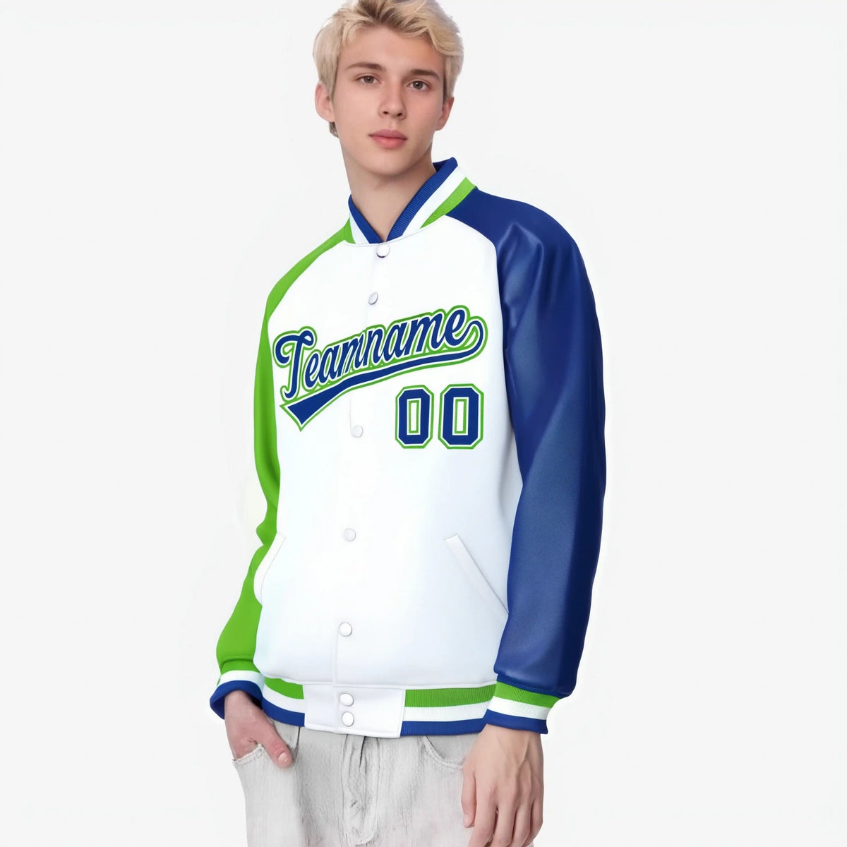 Custom White Royal Blue-Neon Green Raglan Sleeves Varsity Full-Snap Letterman Jacket