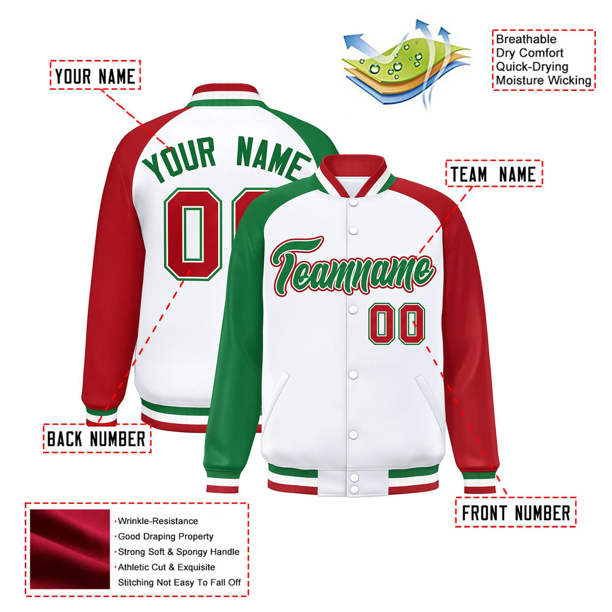 Custom White Red-Kelly Green Raglan Sleeves Varsity Full-Snap Letterman Jacket