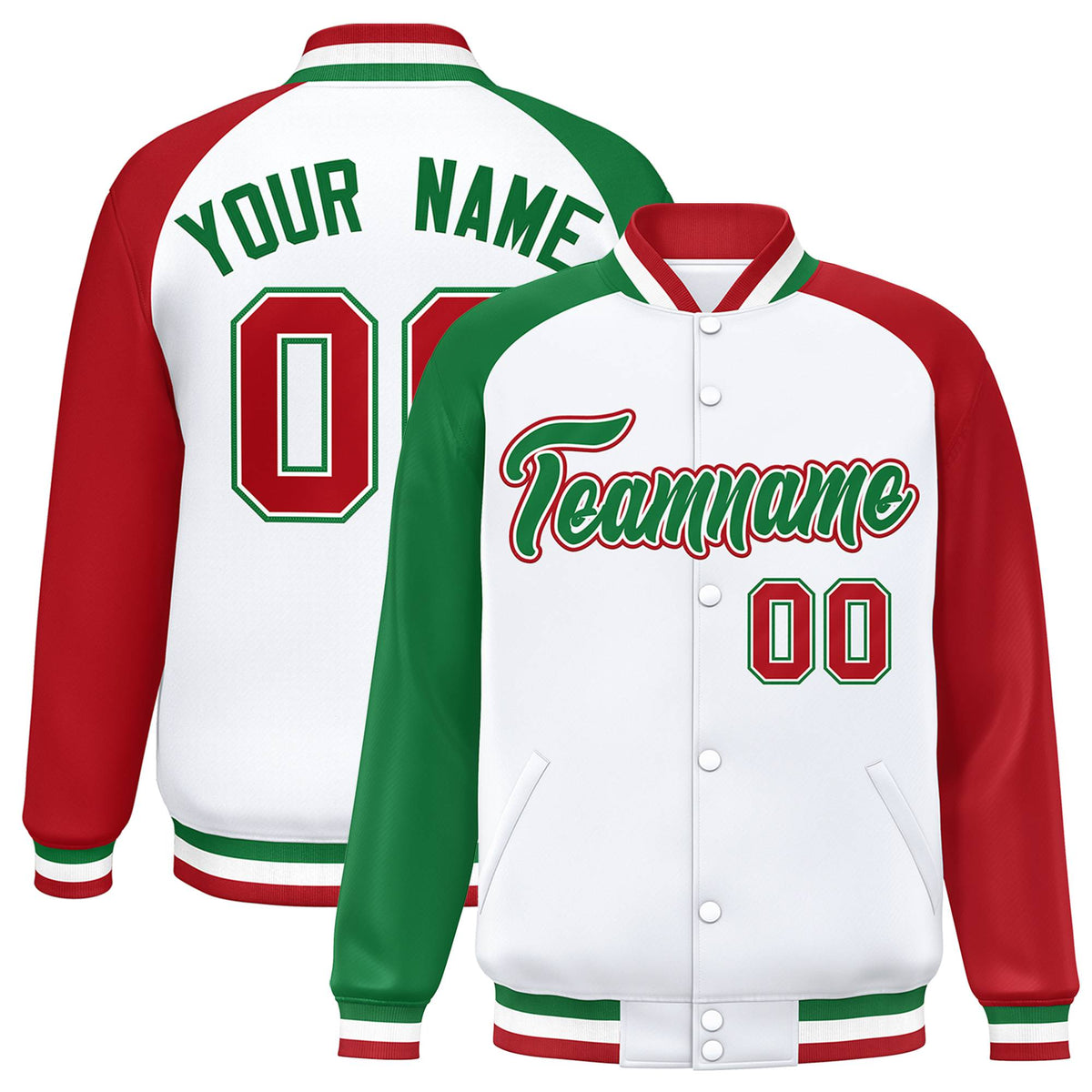 Custom White Red-Kelly Green Raglan Sleeves Varsity Full-Snap Letterman Jacket