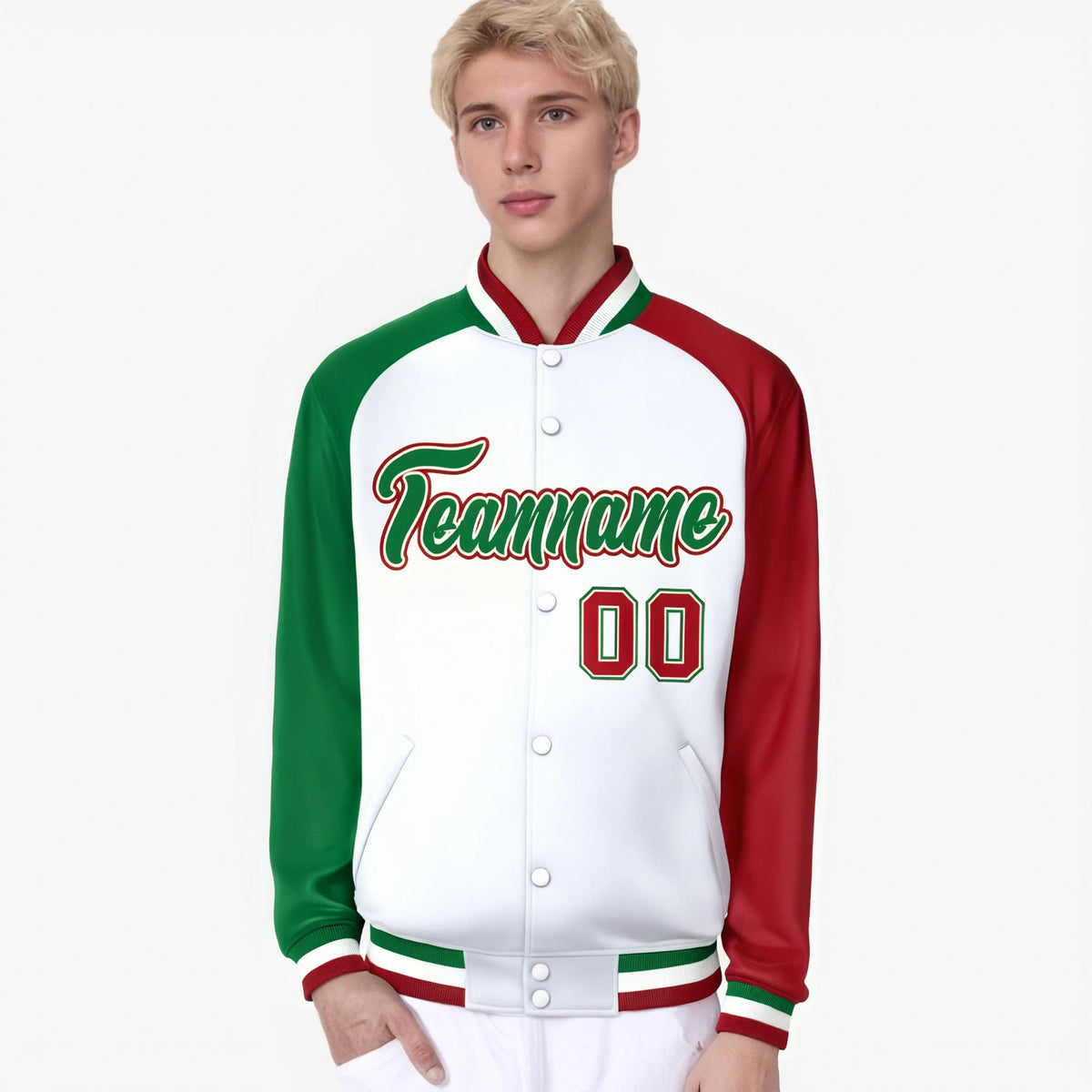 Custom White Red-Kelly Green Raglan Sleeves Varsity Full-Snap Letterman Jacket