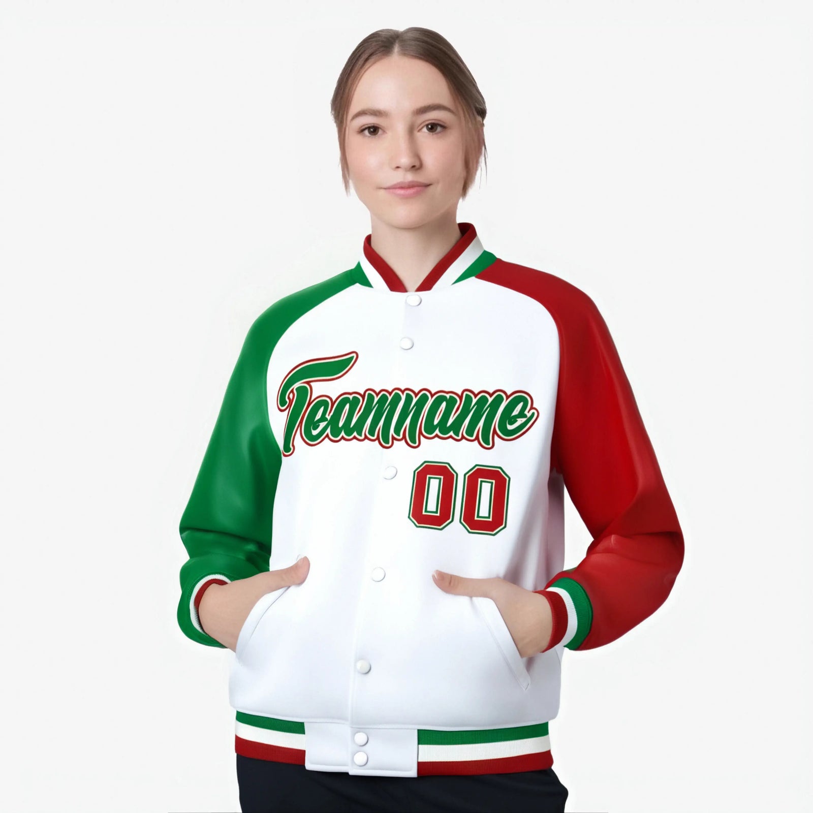 Custom White Red-Kelly Green Raglan Sleeves Varsity Full-Snap Letterman Jacket