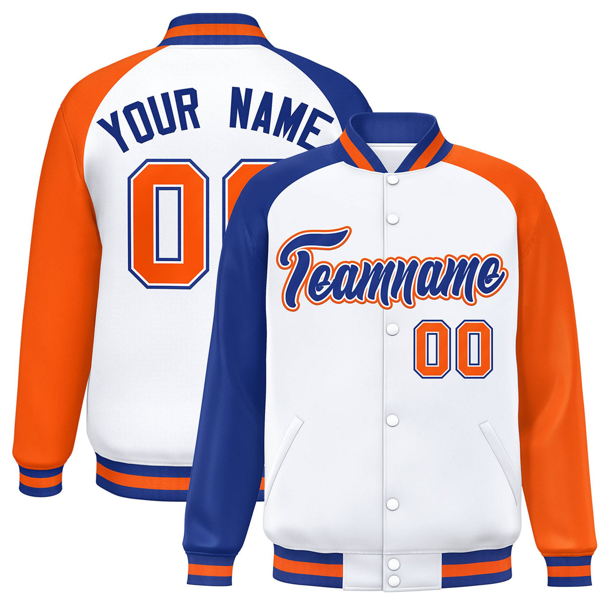 Custom White Orange-Royal Blue Raglan Sleeves Varsity Full-Snap Letterman Jacket