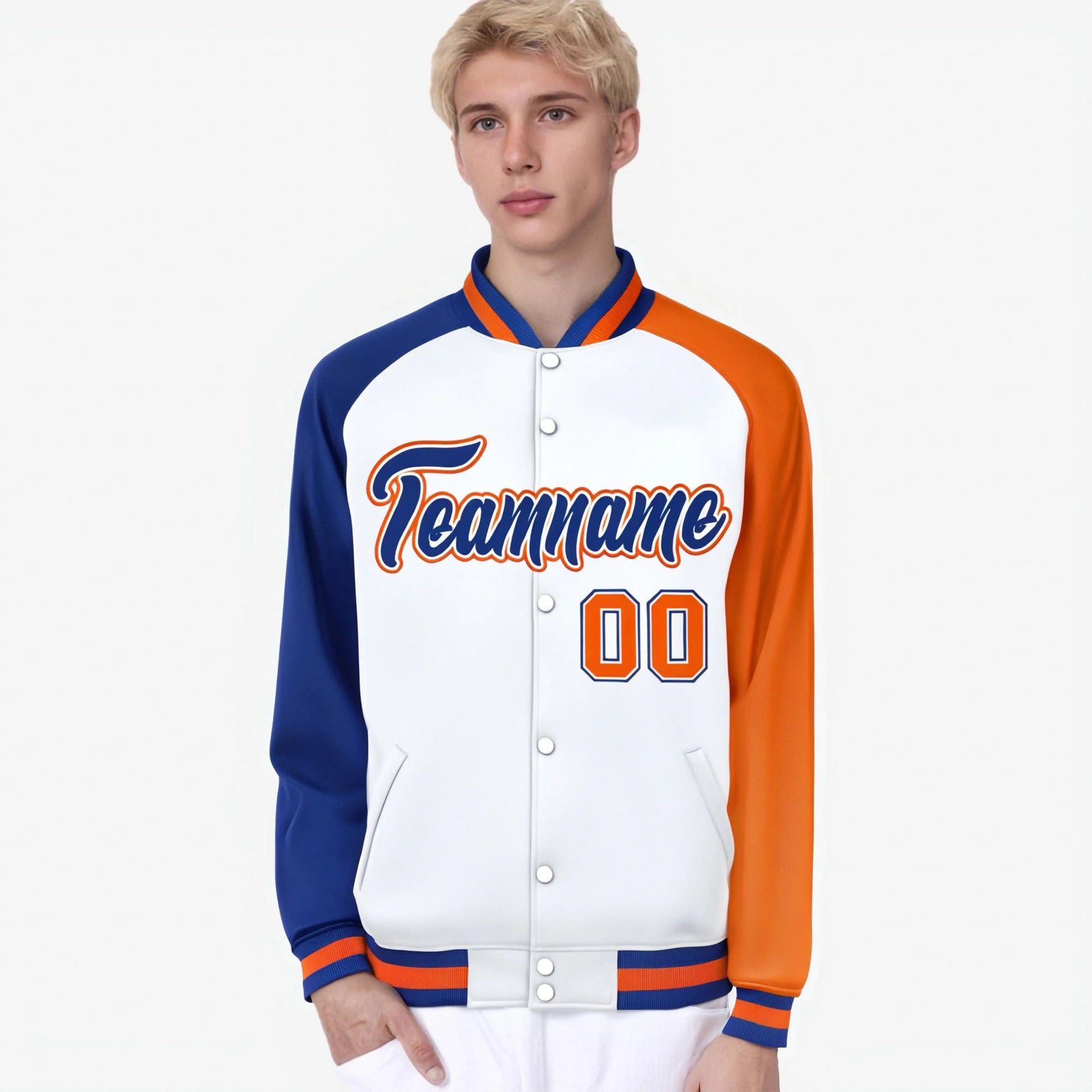 Custom White Orange-Royal Blue Raglan Sleeves Varsity Full-Snap Letterman Jacket