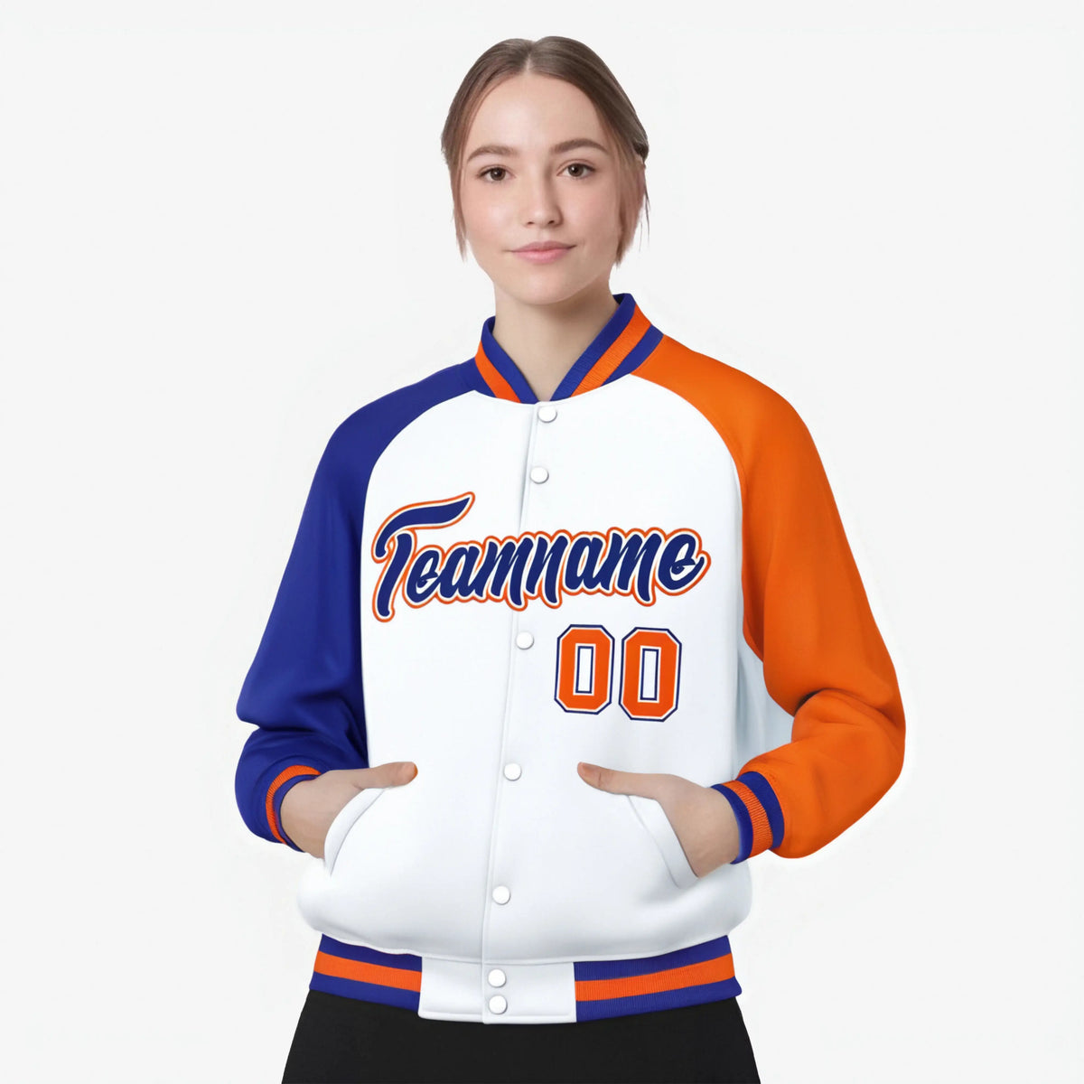 Custom White Orange-Royal Blue Raglan Sleeves Varsity Full-Snap Letterman Jacket