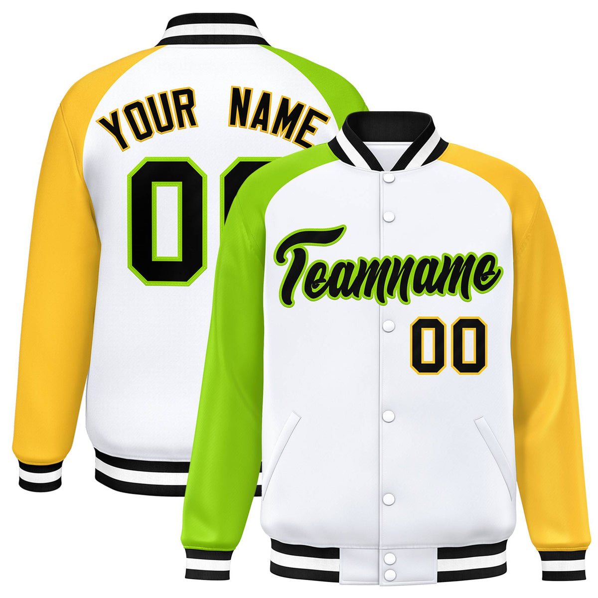 Custom White Gold-Neon Green Raglan Sleeves Varsity Full-Snap Letterman Jacket