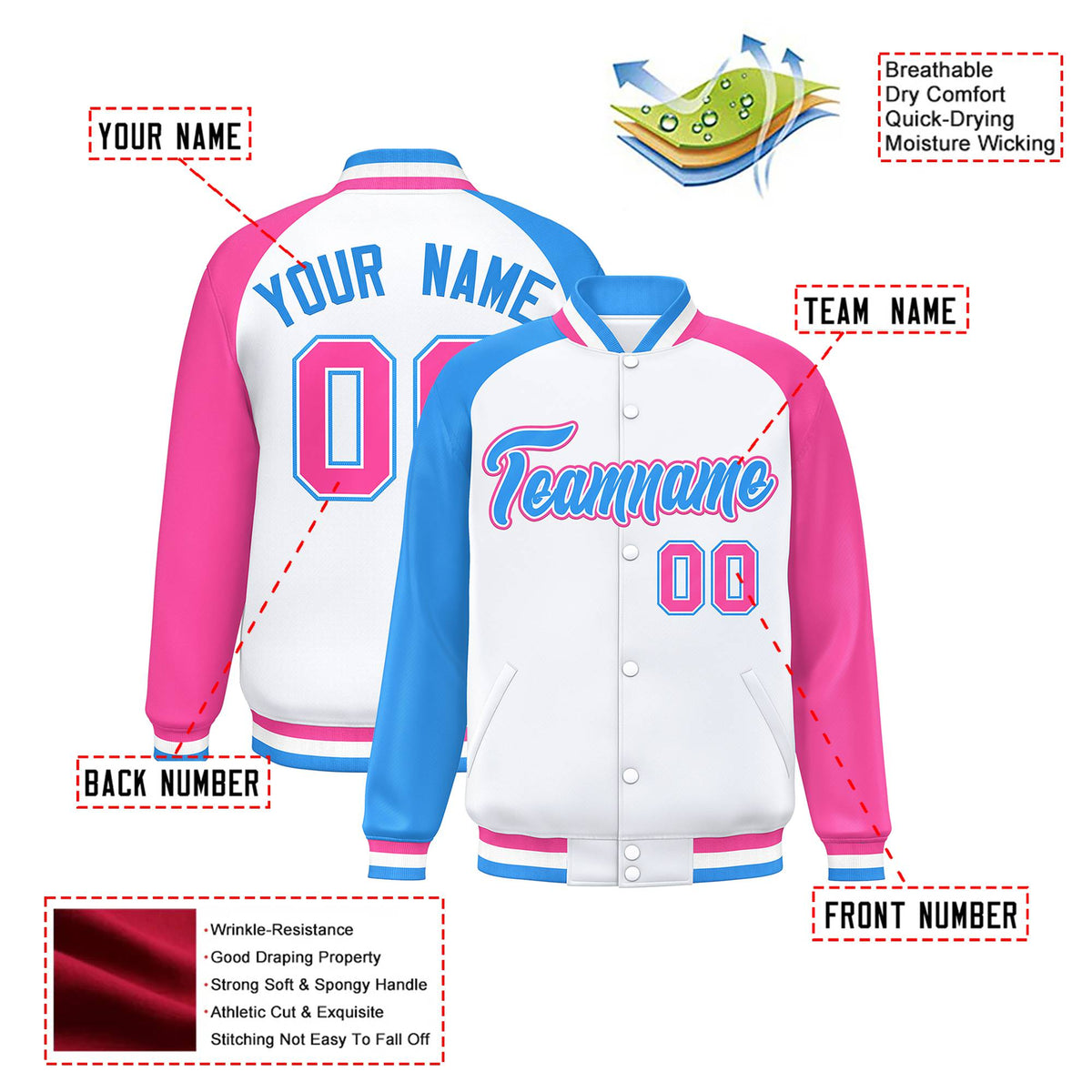 Custom White Pink-Powder Blue Raglan Sleeves Varsity Full-Snap Letterman Jacket