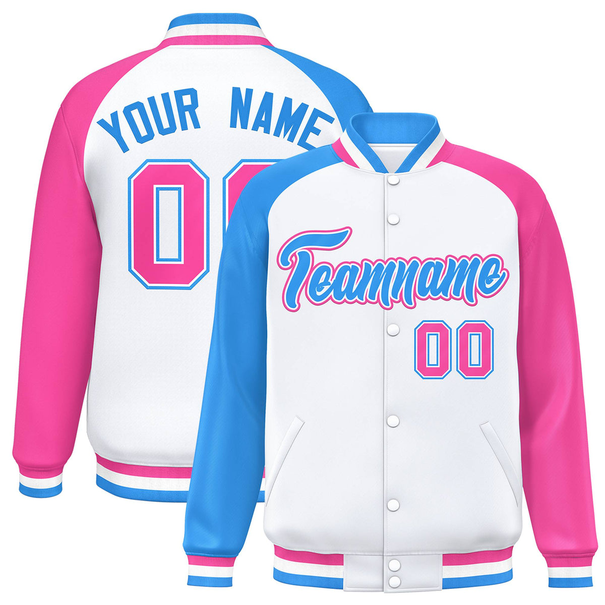 Custom White Pink-Powder Blue Raglan Sleeves Varsity Full-Snap Letterman Jacket
