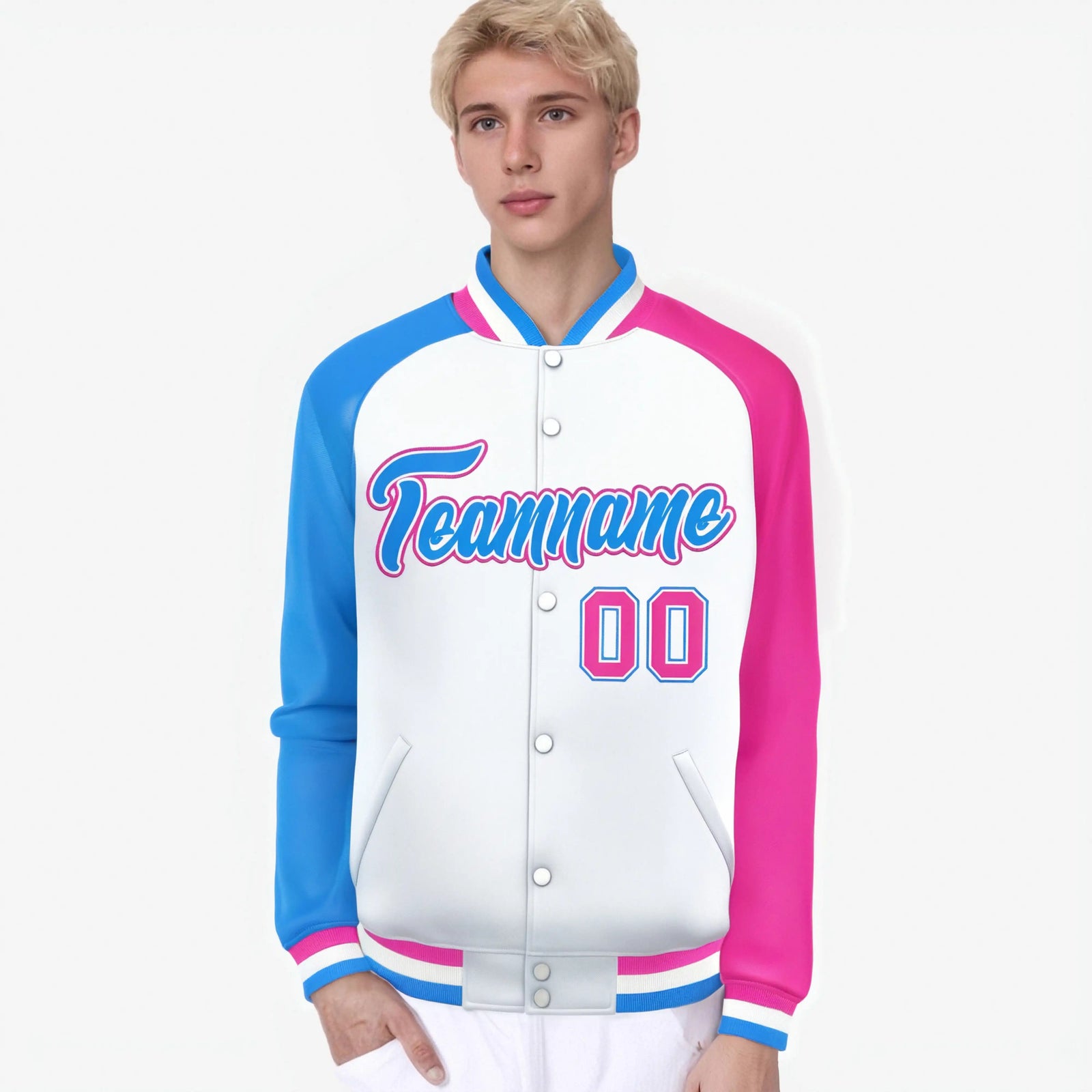Custom White Pink-Powder Blue Raglan Sleeves Varsity Full-Snap Letterman Jacket