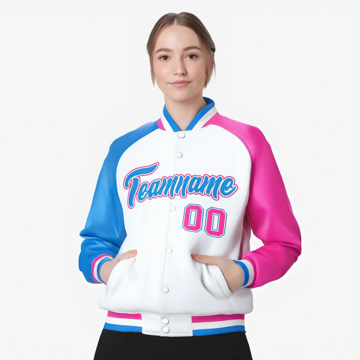 Custom White Pink-Powder Blue Raglan Sleeves Varsity Full-Snap Letterman Jacket
