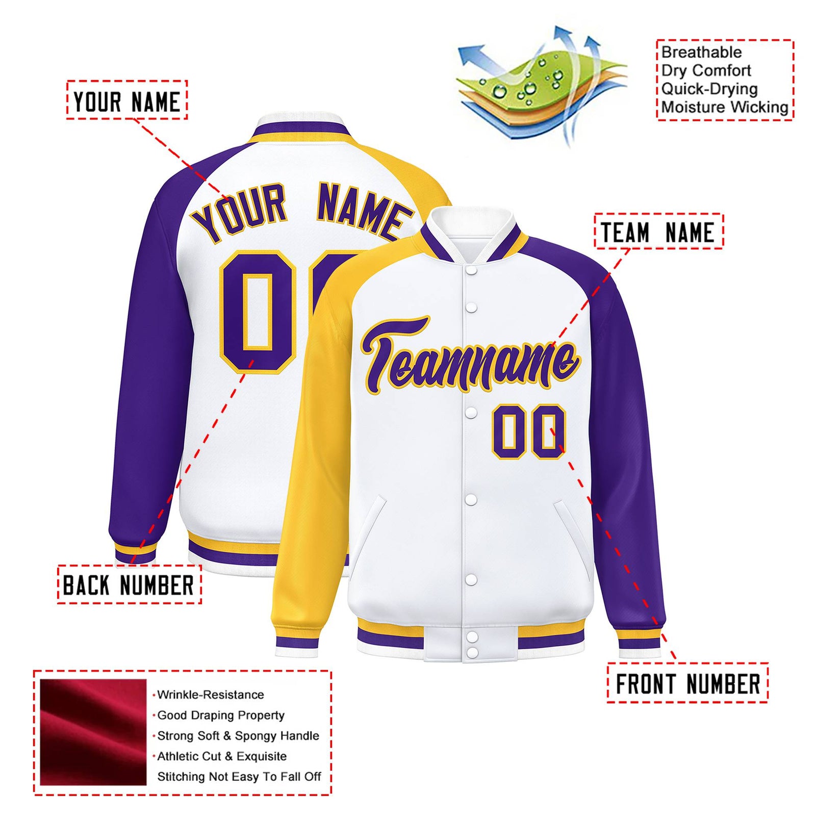 Custom White Purple-Gold Raglan Sleeves Varsity Full-Snap Letterman Jacket