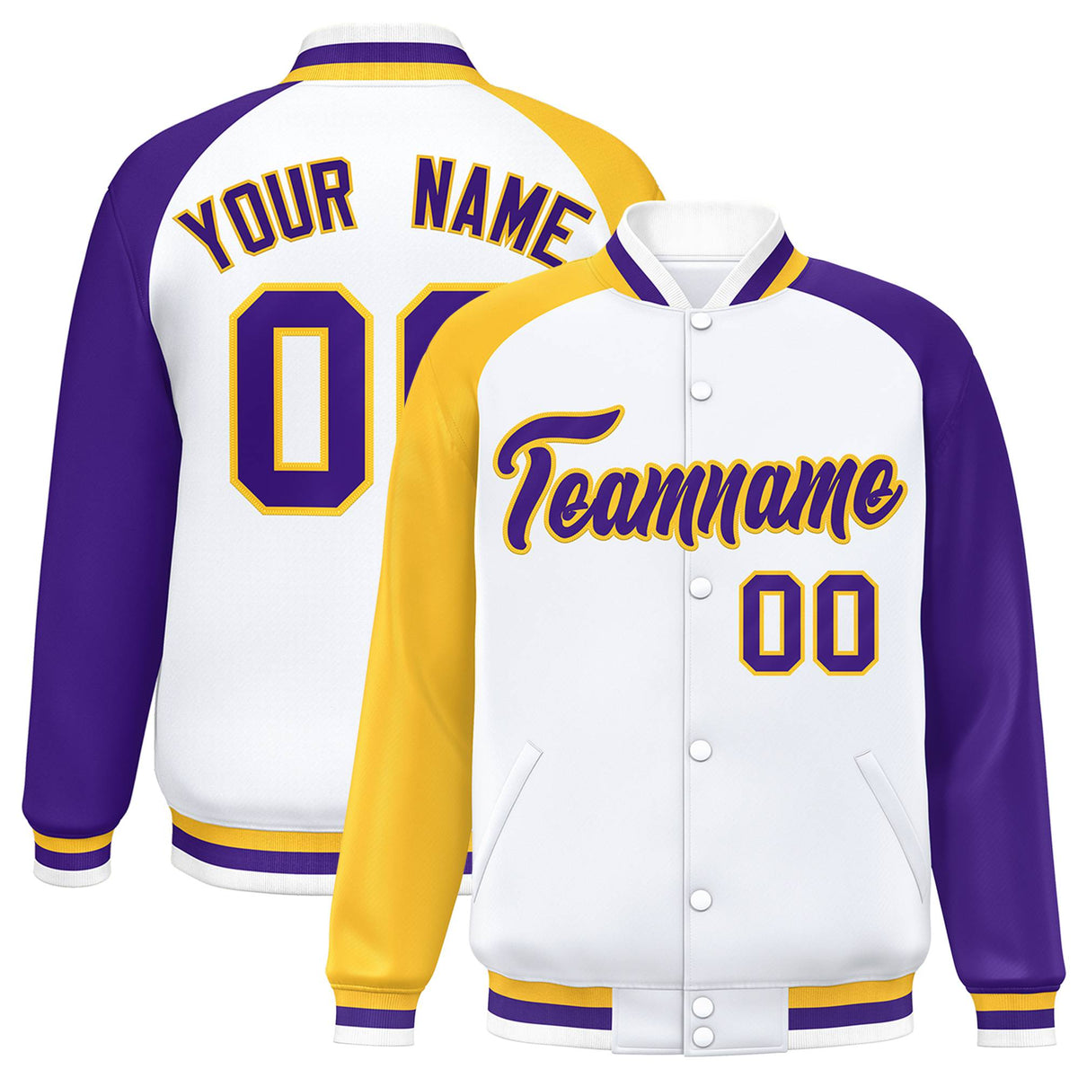 Custom White Purple-Gold Raglan Sleeves Varsity Full-Snap Letterman Jacket