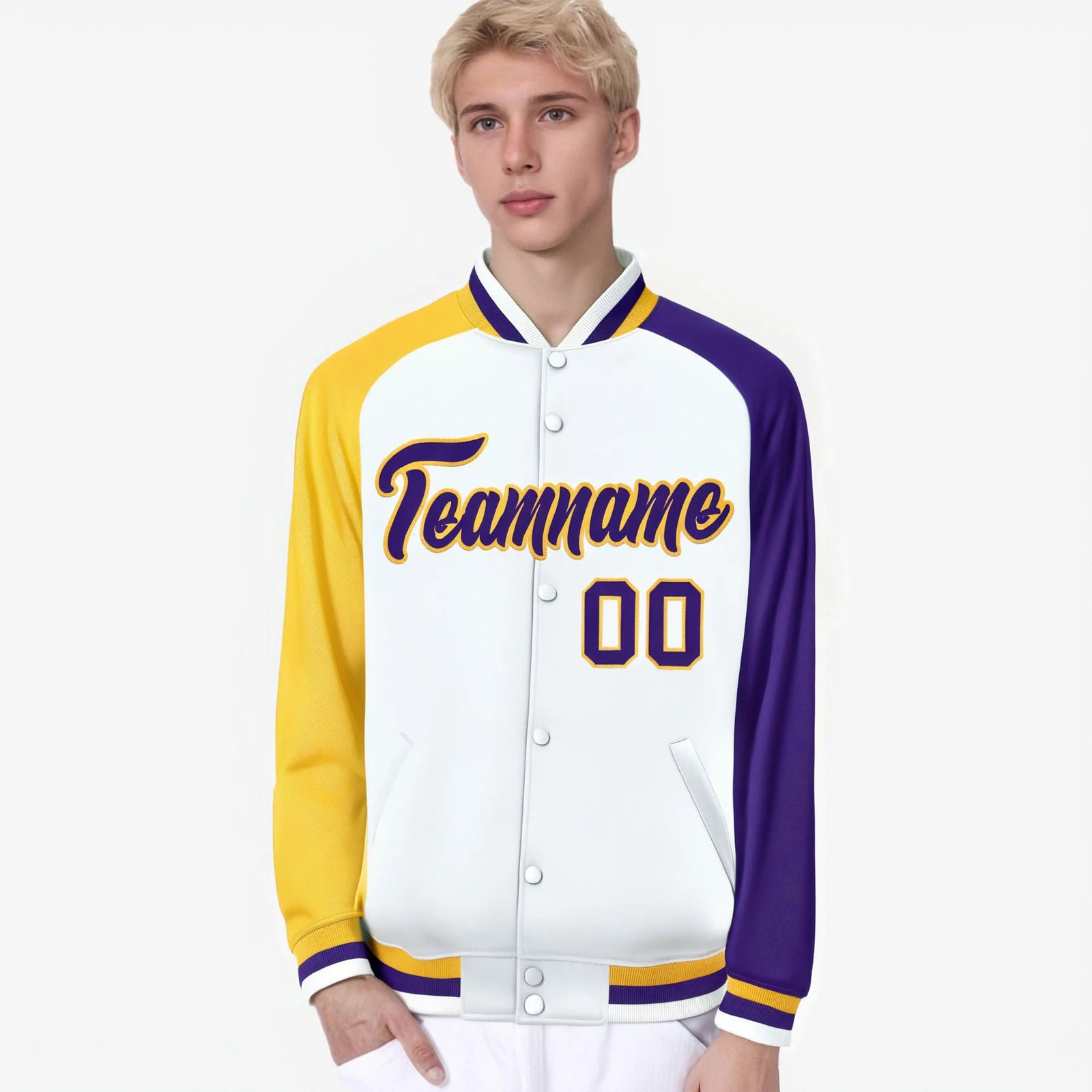 Custom White Purple-Gold Raglan Sleeves Varsity Full-Snap Letterman Jacket