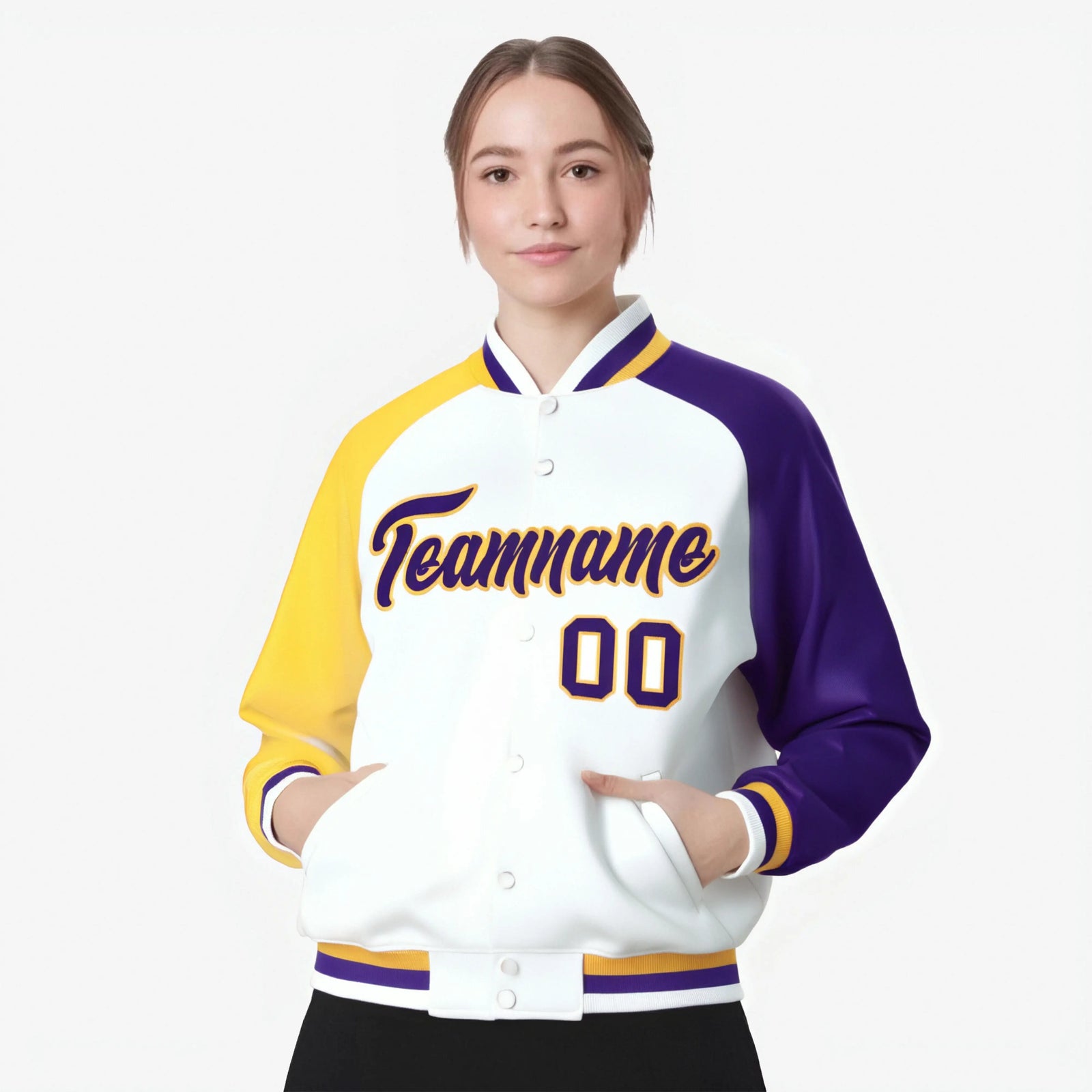 Custom White Purple-Gold Raglan Sleeves Varsity Full-Snap Letterman Jacket
