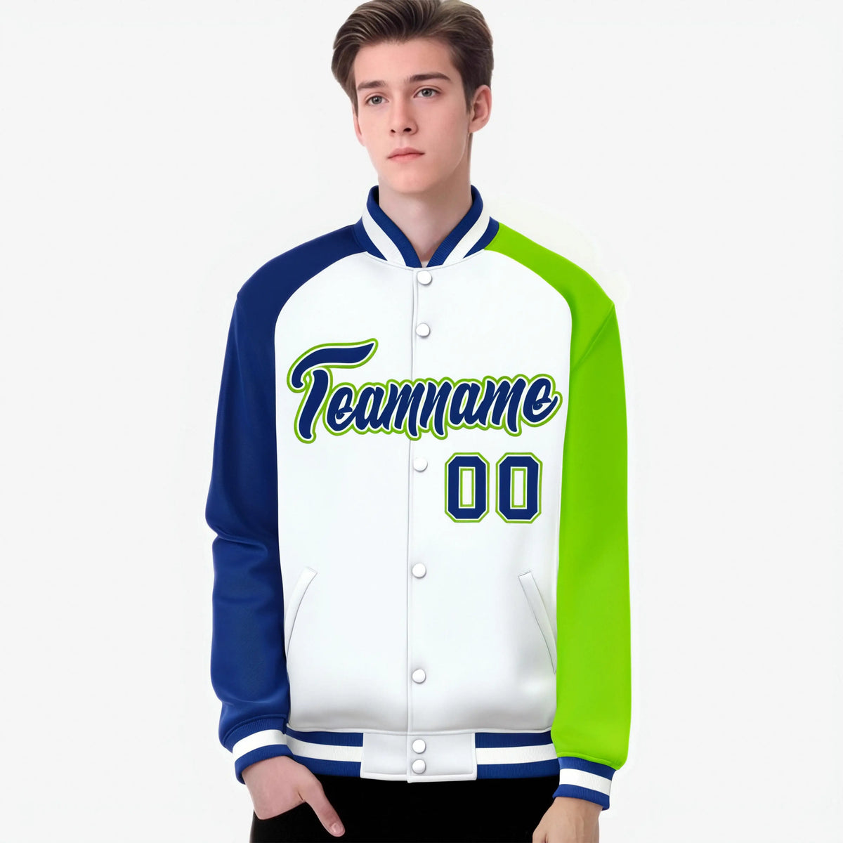 Custom White Neon Green-Royal Blue Raglan Sleeves Varsity Full-Snap Letterman Jacket