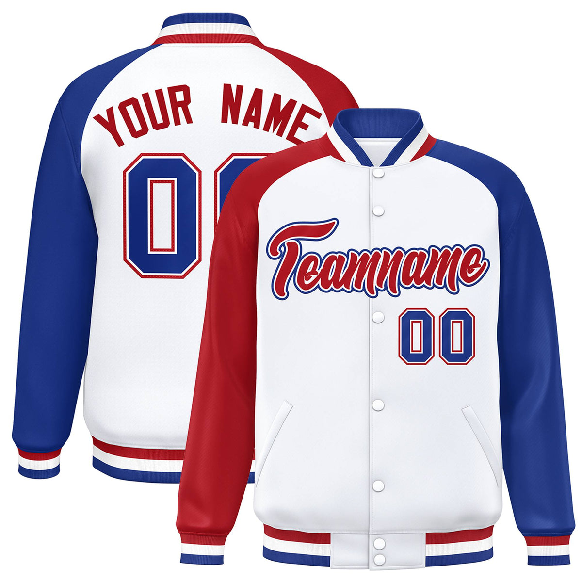 Custom White Royal Blue-Red Raglan Sleeves Varsity Full-Snap Letterman Jacket