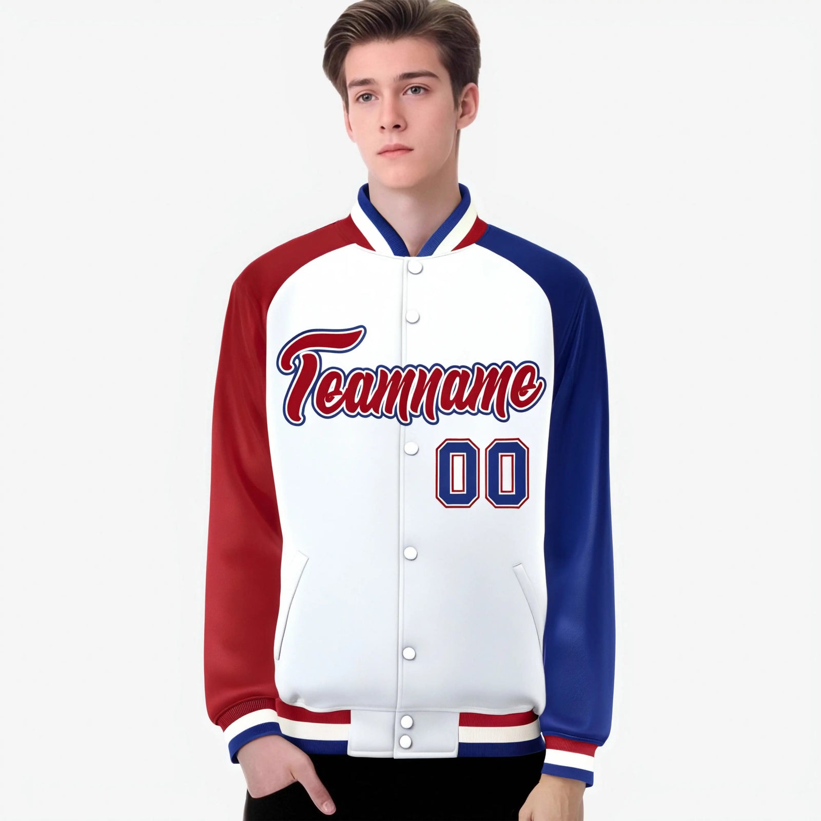 Custom White Royal Blue-Red Raglan Sleeves Varsity Full-Snap Letterman Jacket