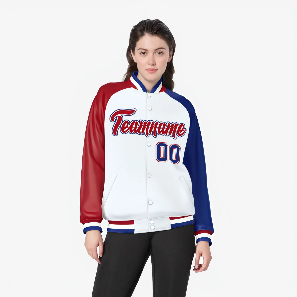 Custom White Royal Blue-Red Raglan Sleeves Varsity Full-Snap Letterman Jacket