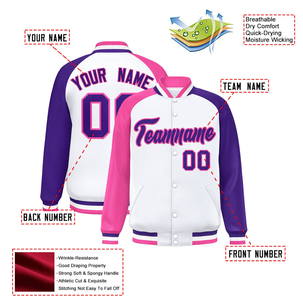 Custom White Purple-Pink Raglan Sleeves Varsity Full-Snap Letterman Jacket