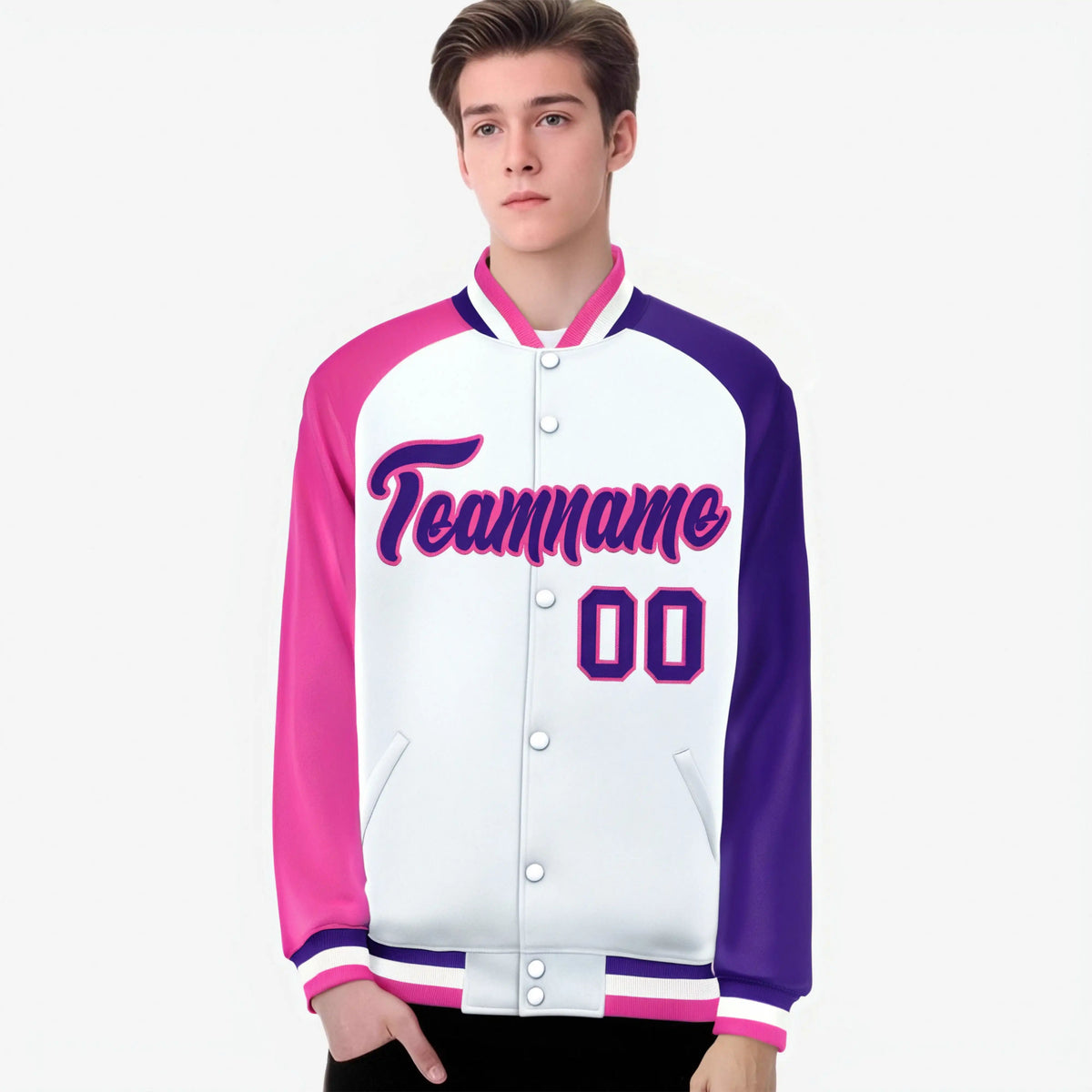 Custom White Purple-Pink Raglan Sleeves Varsity Full-Snap Letterman Jacket