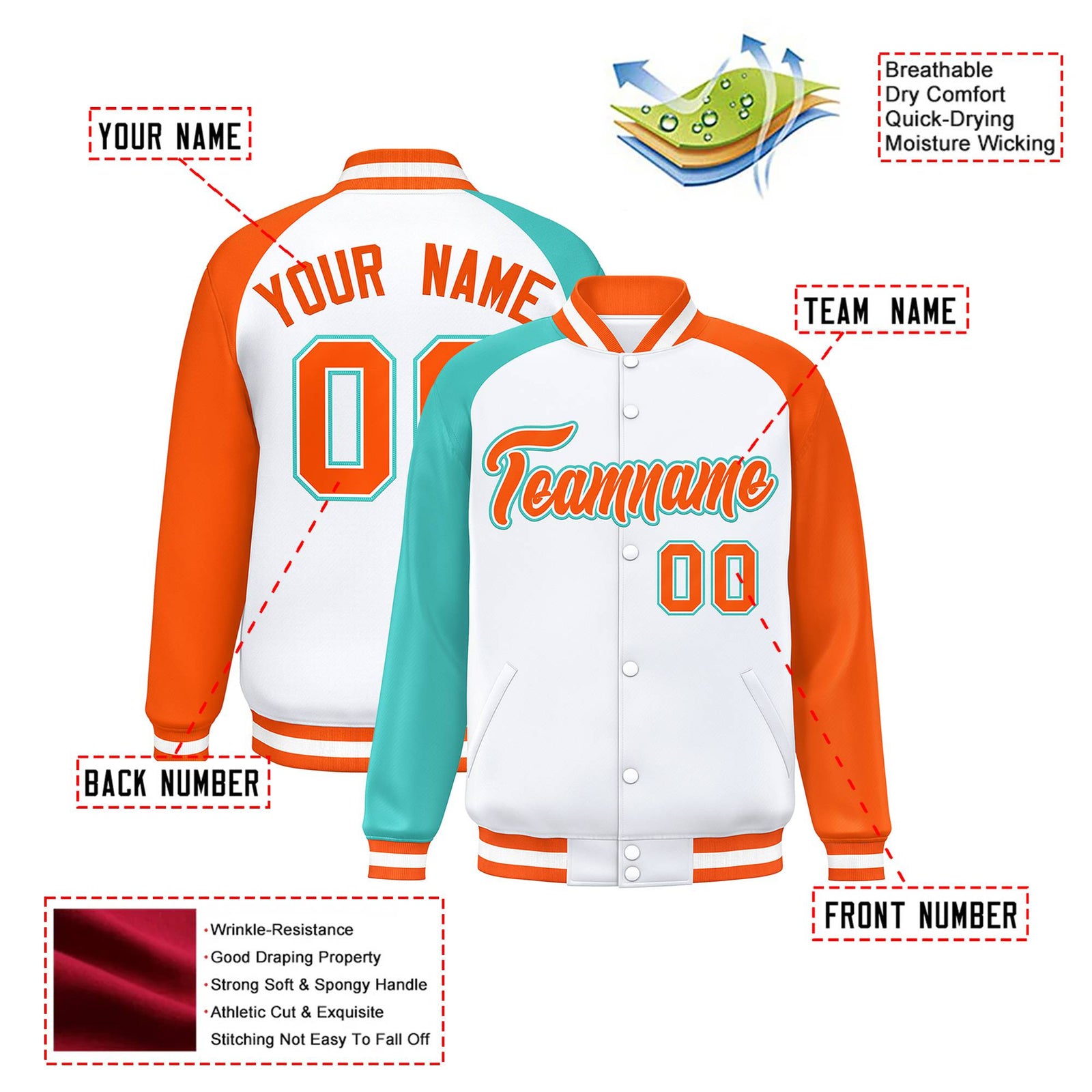 Custom White Orange-Aqua Raglan Sleeves Varsity Full-Snap Letterman Jacket