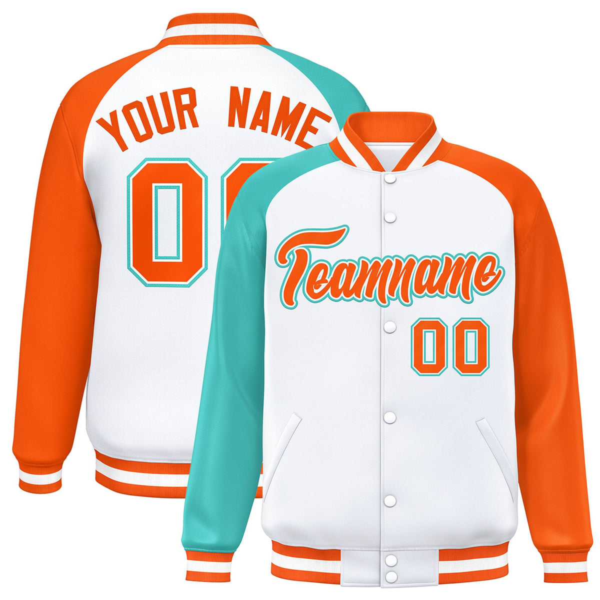 Custom White Orange-Aqua Raglan Sleeves Varsity Full-Snap Letterman Jacket
