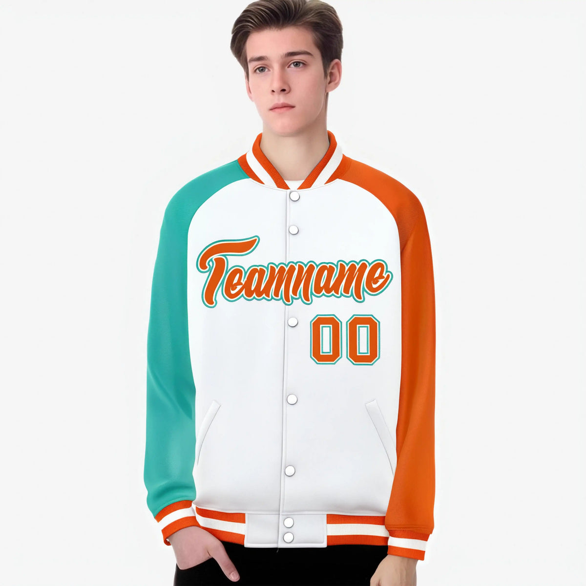 Custom White Orange-Aqua Raglan Sleeves Varsity Full-Snap Letterman Jacket