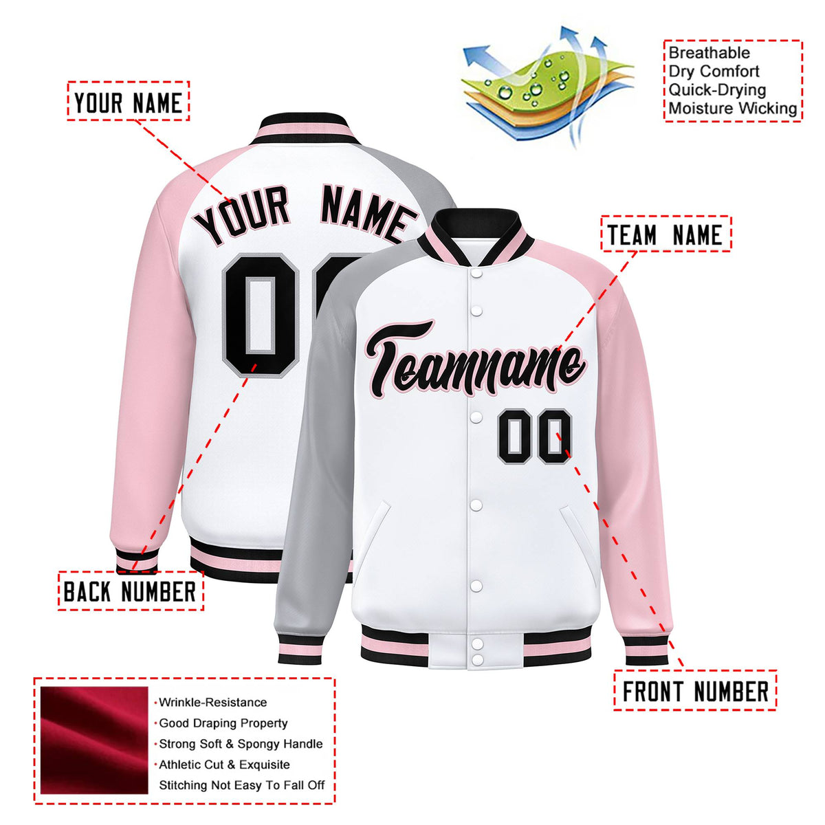 Custom White Pink-Gray Raglan Sleeves Varsity Full-Snap Letterman Jacket