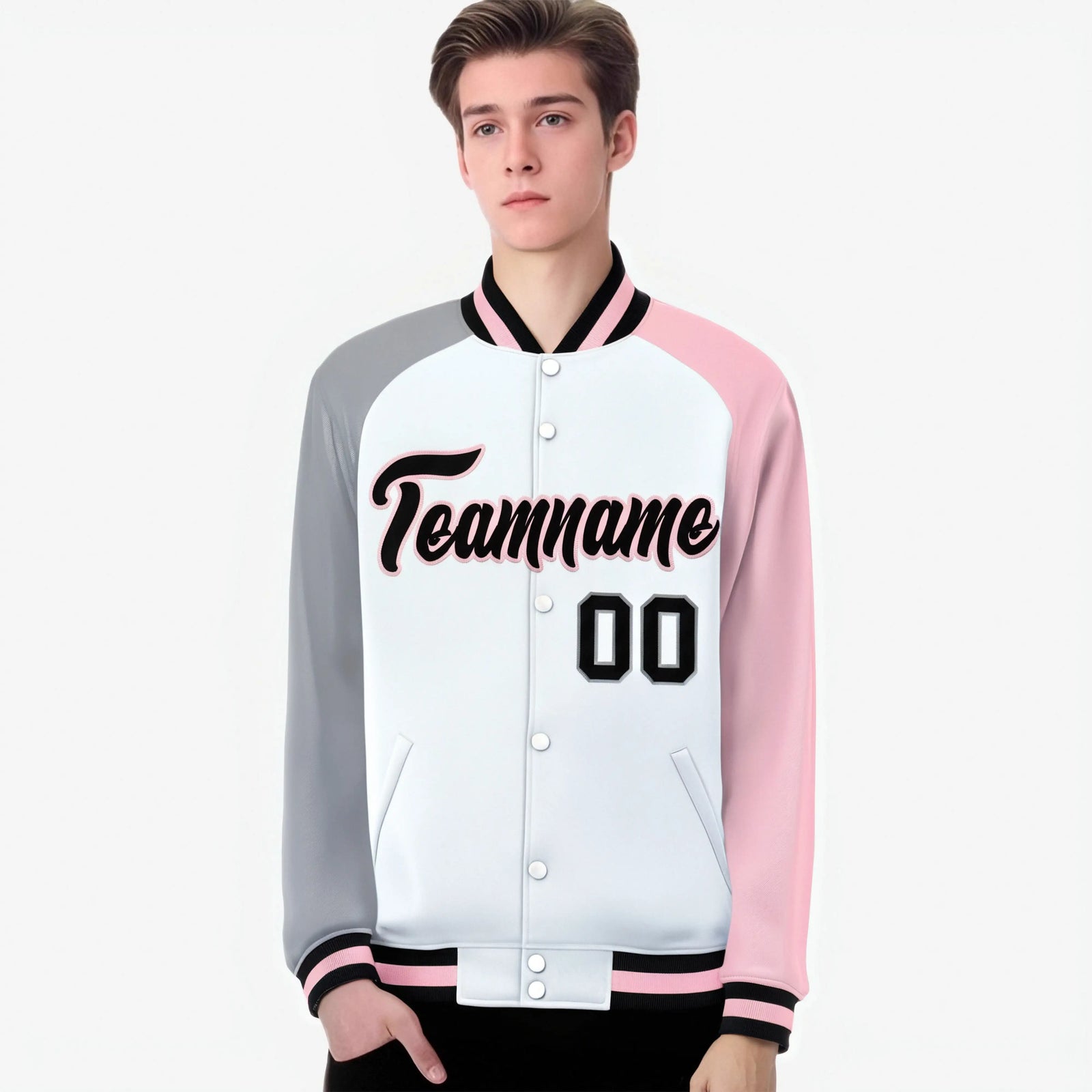 Custom White Pink-Gray Raglan Sleeves Varsity Full-Snap Letterman Jacket