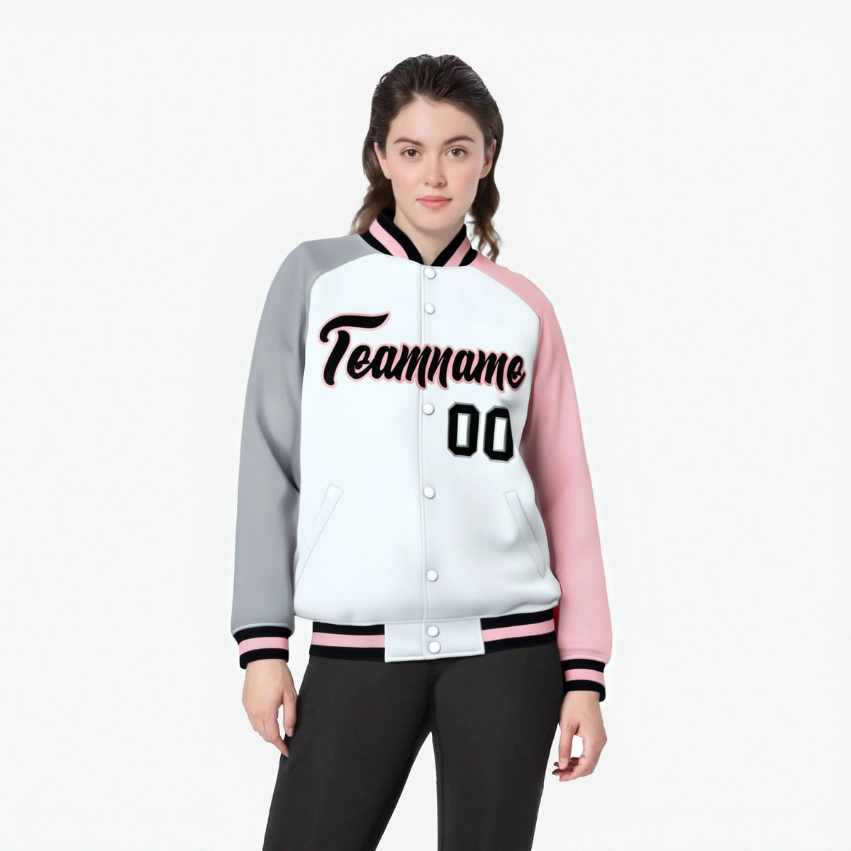 Custom White Pink-Gray Raglan Sleeves Varsity Full-Snap Letterman Jacket