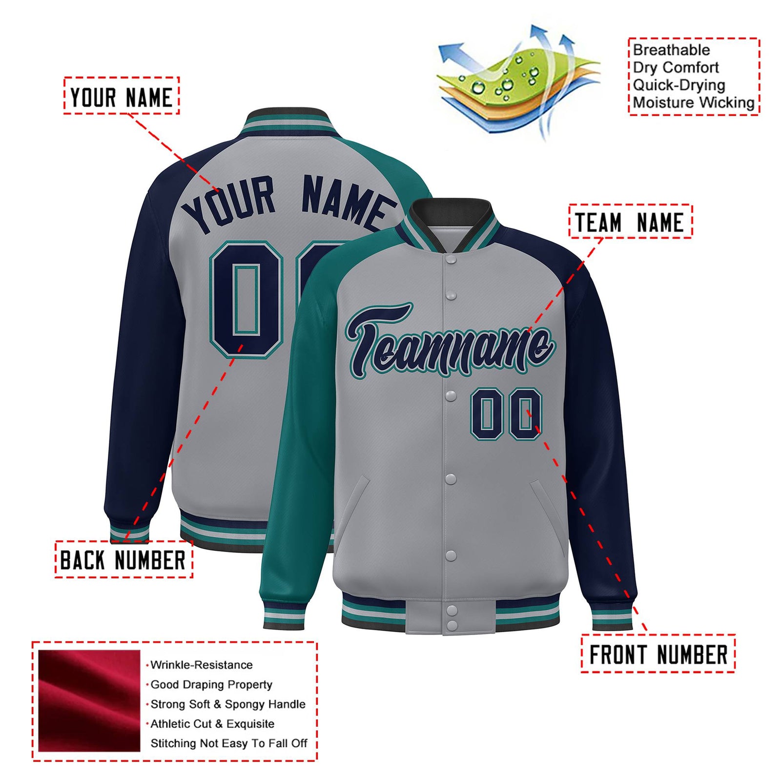Custom Gray Navy-Aqua Raglan Sleeves Varsity Full-Snap Letterman Jacket