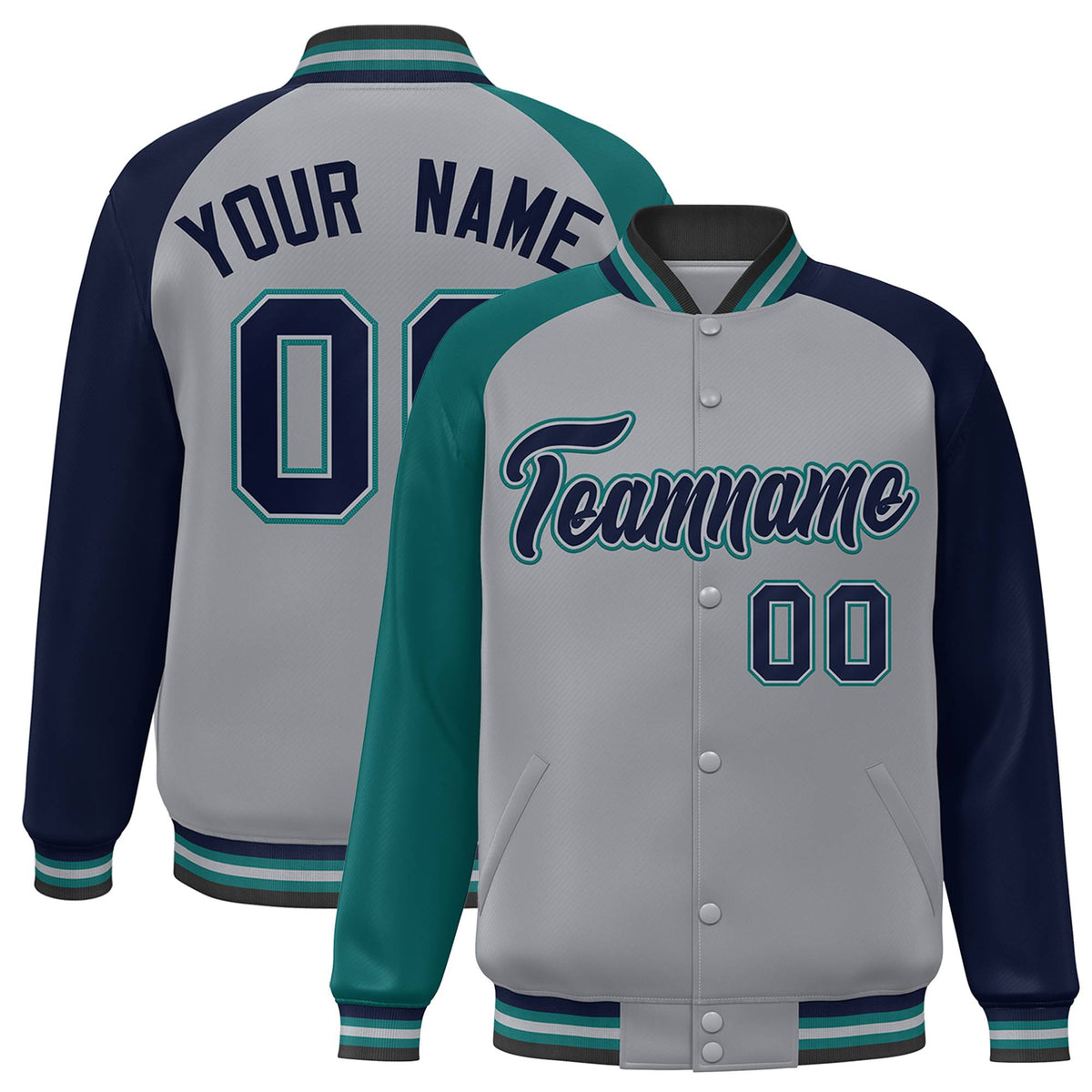 Custom Gray Navy-Aqua Raglan Sleeves Varsity Full-Snap Letterman Jacket