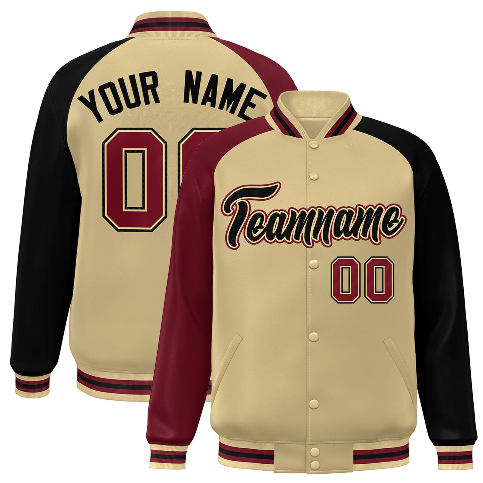 Custom Cream Navy-Crimson Raglan Sleeves Varsity Full-Snap Letterman Jacket