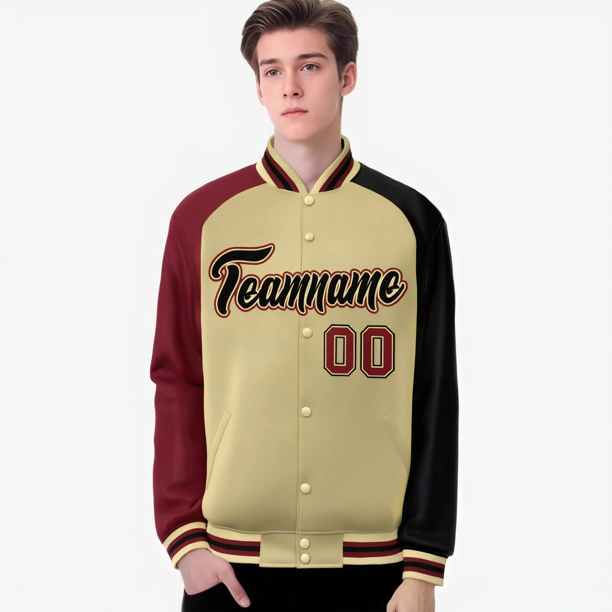 Custom Cream Navy-Crimson Raglan Sleeves Varsity Full-Snap Letterman Jacket